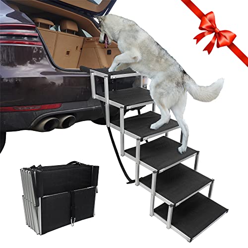 YEPHHO 6 Steps Dog Ramps for Large Dogs Sturdy and Lightweight Dog Stair Aluminum Foldable Dog Ramp Ladder with Nonslip Surface, Dog ramp for Cars, Pet Stair for Dogs to Get on Car,Truck, and SUV