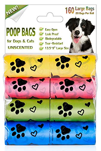 Yingdelai Dog Poop Bags Biodegradable - 160 Counts 8 Refill Rolls Earth Friendly Poo Bags, Strong Leak proof Dog Waste Bags for Dog - Unscented