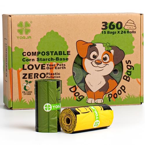 YORJA Compostable Dog Poop Bags, 20% Thicker & Stronger 360 Bags for Pet Waste, 100% Leak Proof Doggie Bags for Poop Certified by EN13432 and ASTM D6400