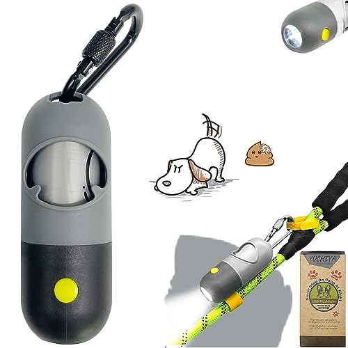 YUCHIYA Dog Poop Bag Dispenser with Flashlight|Dog Poop Bag Holder with Leash Clip|Hands-Free Leash Poop Bag Holder with Straps and 1 Roll Dog Waste Bags (Grey and Black)