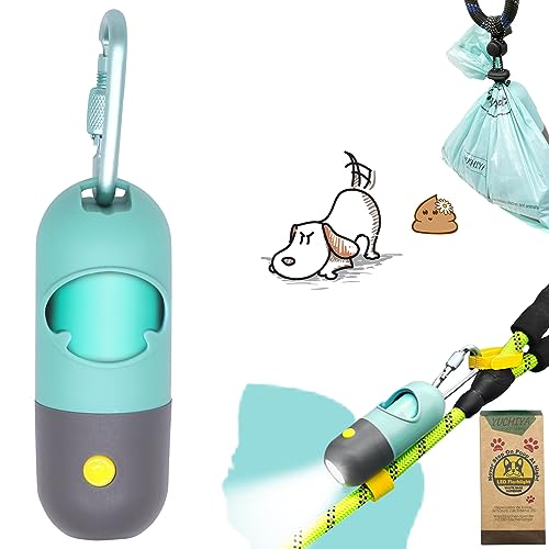 YUCHIYA Dog Poop Bag Dispenser with Flashlight|Dog Poop Bag Holder with Leash Clip|Hands-Free Leash Poop Bag Holder with Straps and 1 Roll Dog Waste Bags (Crystal Blue)