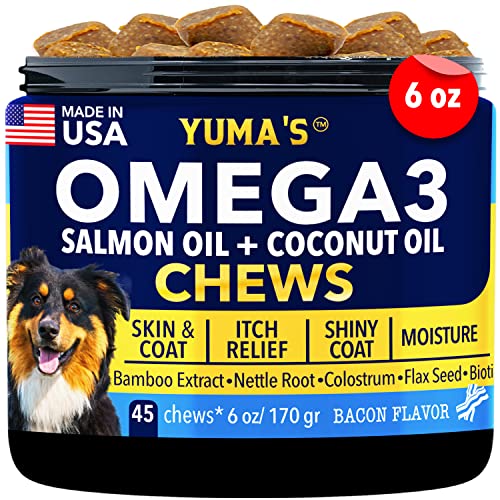 YUMA'S Dog Allergy Relief, Itchy Skin Relief - Seasonal Allergies - Omega 3 Salmon Oil+ Probiotics+Spirulina, Colostrum, Anti Itch Support (Bison, 85 Chews)
