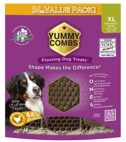 Yummy Combs Dental Treats for Dogs | Vet VOHC Approved | Yummy Dog Treats for Teeth Cleaning | Shape to Scrape Tartar | Chicken Protein | Dental Dog Treats for Extra Large Dogs (24oz, 12 Count)