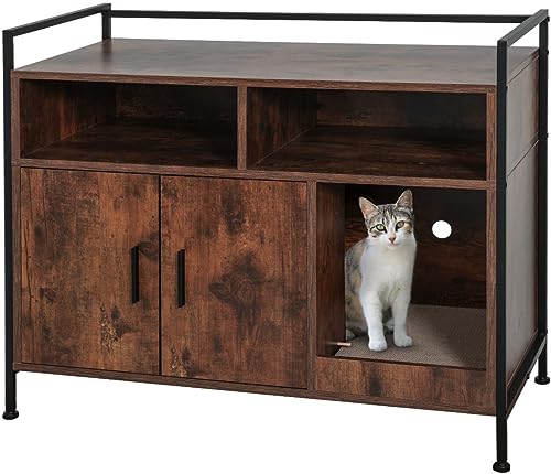 YUSING Litter Box Enclosure, Cat Litter Box Furniture Hidden, Cat Washroom Bench Storage Cabinet Large with Double Doors and Open Shelf for Bedroom, Living Room