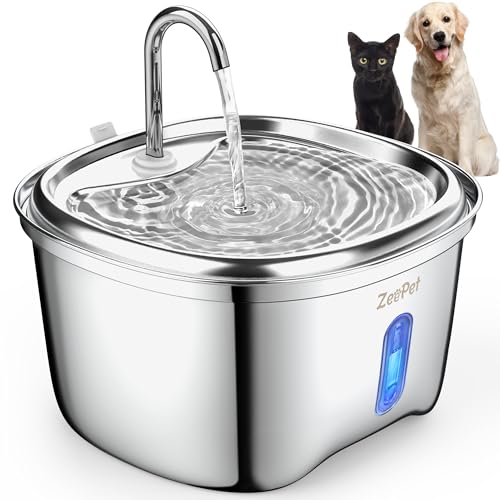 ZeePet Stainless Steel Cat Water Fountain, 3.5L/120oz Large Capacity Pet Water Fountain with Levels Window and Led, Automatic Dog Water Dispenser with 5 Filter for Multiple Pets