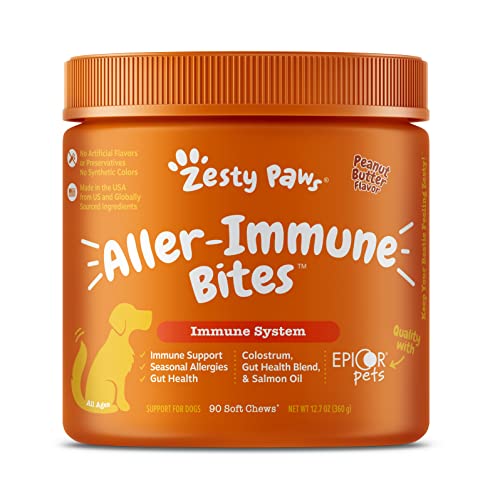 Zesty Paws Allergy Anti Itch Supplement Soft Chews for Skin & Seasonal Allergies with Omega 3 Probiotics Epicor Pets Peanut Butter 90 Count