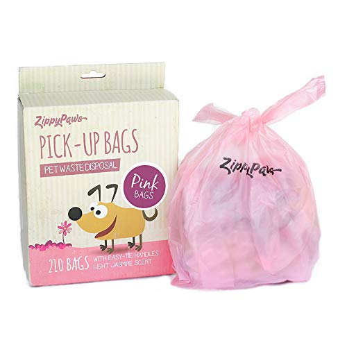 ZippyPaws - Dog Poop Pick-Up Bags, Large Strong Waste Bags with Easy-Tie Handles, Measures 14.5 Inch by 5.5 Inch - Pink, 210 Count