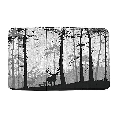 ZKJSMGS Deer Forest Bath Mat Abstract Forest Tree Family Deer Moose Birds Silhouette Camping Log Cabin on Vintage Rustic Gray Wood Board Microfiber Memory Foam Bathroom Rugs,17.8x29.5 Inch