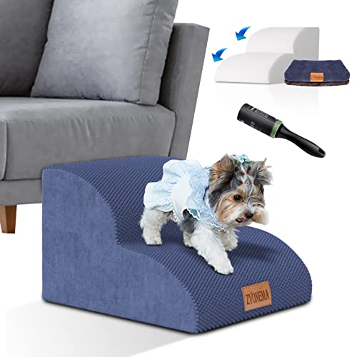 ZNM Dog Steps for Small Dogs, High Density Foam Pet Stairs with Washable Cover, Non-Slip Dog Ramps/Ladder for Bed Couch, 2 Tiers Pet Steps Stairs for Dogs to Get on Bed, Send 1 Lint Roller, Blue