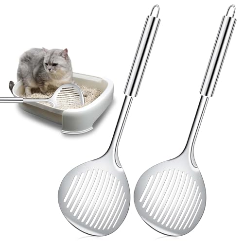 2 Pcs Metal Cat Litter Spoon, Stainless Steel Kitty Poop Sifting Cleaning Cat Spoon for Litter Box, Metal Cat Poop Sifter Pet Supplies with Non-Slip Long Handle Home Cat Pet Supplies