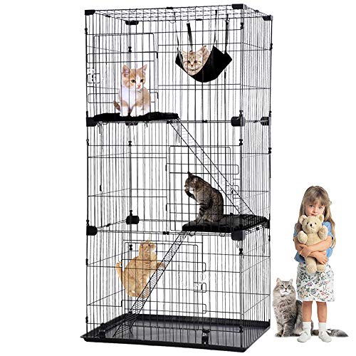 3-Tier Cat Cage, Cat Kennel, Metal cat cage playpen 33 x 22 x 67 Inches, Cat Cages Indoor Large, Playpen Box, with 2 Ramp Ladders/1 Hammock /2 Resting Platforms Beds/Tray, Black