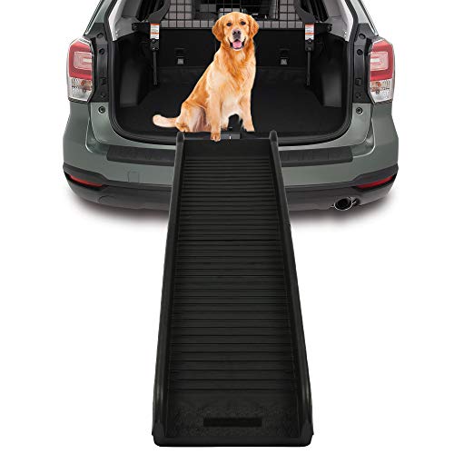 62 Inch Folding Dog Ramp for Large and Small Dogs, Non-Slip Portable Leightweight Pet Ramp with Safe Raised Sides for Car, SUV, Truck and Step, Hold up to 165 lbs, Easy Storage, Black