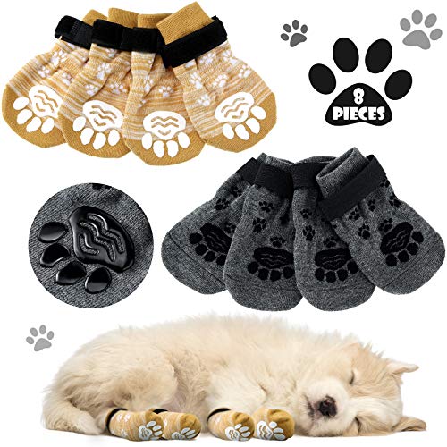 8 Pieces Anti Slip Dog Socks Non-Slip Dog Socks with Adjustable Strap Traction Control for Indoor on Hardwood Floor Wear (Gray, Khaki,M)