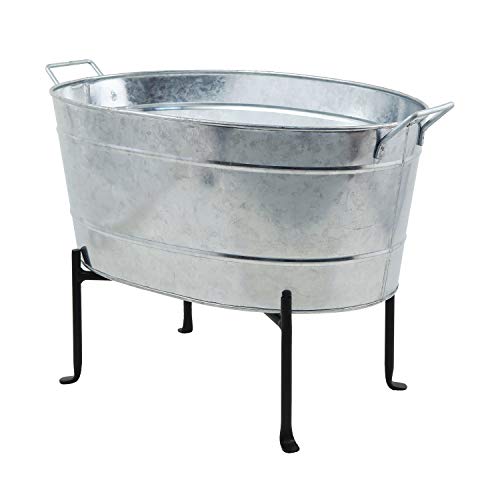 Achla Designs Classic Oval Galvanized Tub with Folding Stand, Galvanized Steel and Black, (C-51-S1)