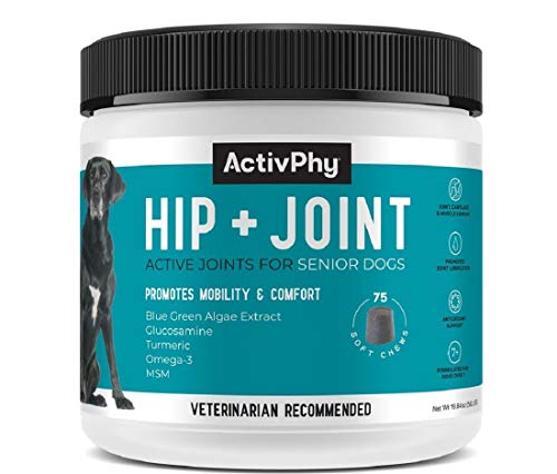 ACTIVPHY Hip + Joint Supplement with Glucosamine, MSM, Omega 3s, and Turmeric, Normal Inflammatory Response, Antioxidants, Made in USA, For Dogs , 75 ct