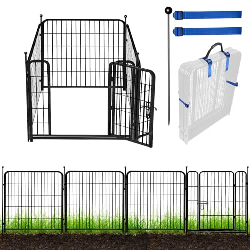 ADAVIN Garden Fence with Gate 32in(H)×9 Ft(L) 4 Panels, Black Heavy Duty Iron Metal Animal Barrier Fence, Indoor&Outdoor Dog Playpen, Camping Fence, No Dig Garden Border Fencing for Yard