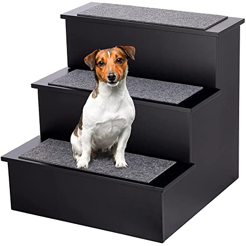 AdirPets Deluxe 3-Step Pet Stairs - Dog Steps for High Bed and Couch - Portable Ramp Stair for Small Dogs and Cats - Non-Slip Surface and Carpeted Treads - Supports Up to 175 lbs Weight (Black)