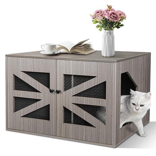 AIPERRO Cat Litter Box Enclosure - Litter Box Furniture Hidden with Openwork-Design Door & Removable Divider, Spacious Cat Washroom Furniture Cabinet Fits Most Litter Boxes, 31.6 x 21.3 x 20.3in, Grey