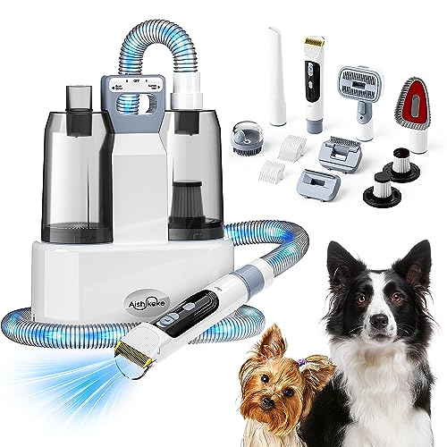 AISHIKEKE Dog Grooming Kit, 2 in 1 Dog Hair Dryer and Vacuum Kit, Dog Grooming Clippers with 7 Pet Grooming Tools for Shedding Dog Hair, Quiet Pet Vacuum Groomer with Pet Blow Dryer, 2 Storage Bag