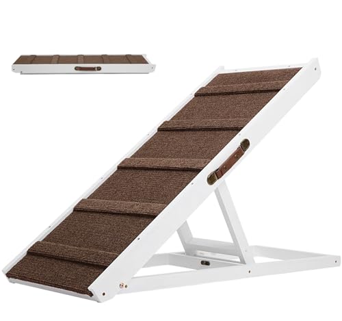 AkiiGer Dog Ramp for Bed, White Folding Pet Ramp for Large Small Dogs, 40" Long and Adjustable from 12" to 24", Holds up to 200 lbs, Wooden, Portable