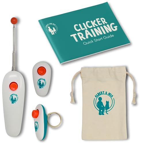 ALBERT & MIA Cat Training Kit (4 Pieces) - Quiet Clicker + Target Stick Clicker + Treats Pouch + Cat Clicker Training Start Guide (Beginner to Expert)