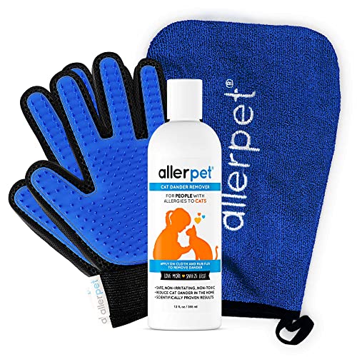 Allerpet Cat Dander Remover w/Free Pair of Grooming Gloves and Mitt - Effective Cat Dander Reduction, Anti Allergen Solution Made in USA - (12oz)