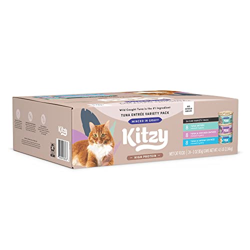 Amazon Brand - Kitzy High Protein, Grain Free Wet Cat Food, Variety Pack (Tuna, Chicken & Shrimp), 3 oz (Pack of 24)