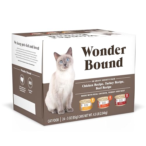 Amazon Brand - Wonder Bound Wet Cat Food, Gravy, Variety Pack, 3 oz cans, Pack of 24 (Turkey, Chicken, Beef)