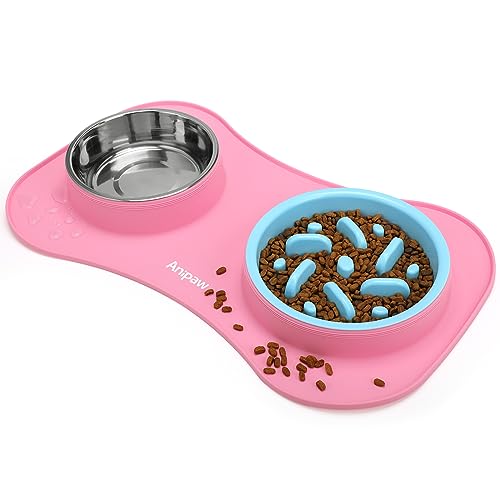 Anipaw Slow Feeder Dog Bowls 3 in 1 Stainless Steel Dog Food and Water Bowls with Non-Spill Non-Skid Silicone Mat to Slow Down Eating for Large Medium Small Breed Size Dogs and Cats (Pink Blue)