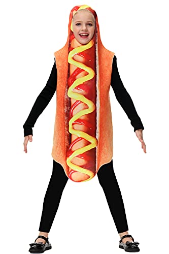 AOBUTE Unisex Kids Hotdog Costume Halloween Boys Girls Hot Dog Outfits Cute Fast Food Mascot Suit 8-10 Years