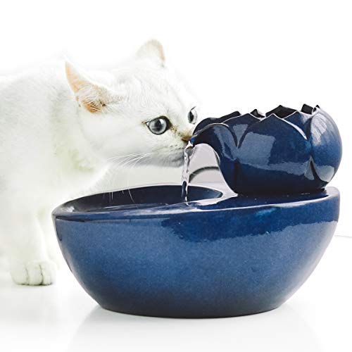 Aolnv Lotus Cat Water Fountain Ceramic, 1.5L Pet Fountain Dog Water Dispenser, Indoor Automatic Drinking Water Container, Cat Drinking Fountains for Cats, Small Dogs (Blue)