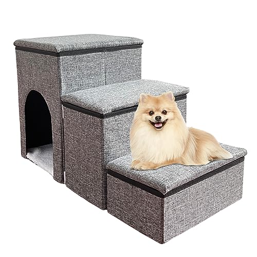 Apatal Dog Stairs,Portable Puppy Steps with Storage Folding Doggie Steps with Condo for High beds or Couch Adjustable Steps for Small Medium Puppies Cat Ramp Ladder Dog Window Perch 3-Step