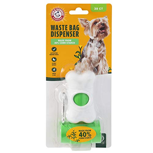 Arm & Hammer Dog Bone Shape Dog Poop Bag Dispenser With 30 Count Plant-Based Dog Poop Bags With Activated Baking Soda, 9 x 14 Inches, White