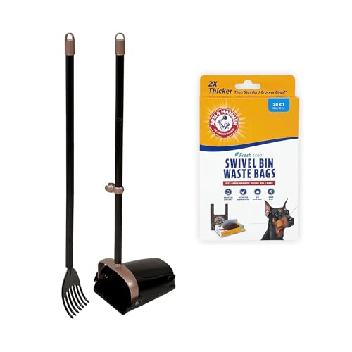 Arm & Hammer Pooper Scooper Swivel Bin & Rake Dog Poop Scooper with Petmate Heavy Duty Poop Bags 20 Count Refill Pack