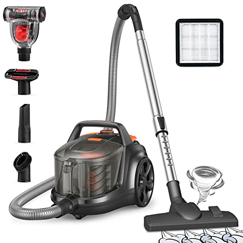 Aspiron Canister Vacuum Cleaner, 1200W Lightweight Bagless Vacuum Cleaner, 3.7QT Capacity, Automatic Cord Rewind, 5 Tools, HEPA Filter, Pet Friendly Vacuum Cleaner for Hard Floors, Pet Hair, Carpet