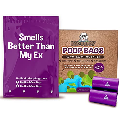 BAD BUDDY Compostable Dog Poop Bags, 240 Bags, 100% Compostable Earth Friendly, Extra Thick, Leak Proof, Lavender Scented Dog Waste Bag, SMELLS BETTER THAN MY EX