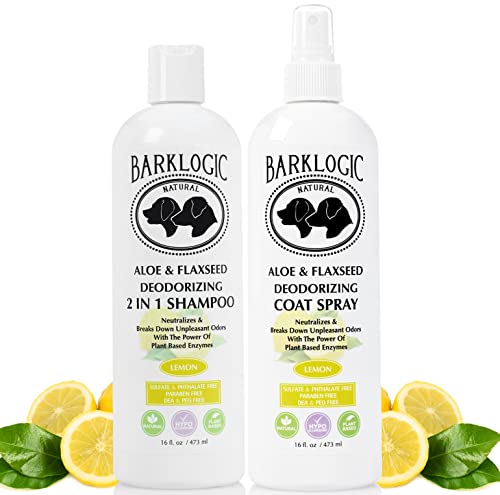 BarkLogic Deodorizing 2 in 1 Dog Shampoo and Coat Spray Kit - Naturally Derived Enzymes with Refreshing Lemon Essential Oil, No Sulfate Dog Deodorizing Formula for Sensitive and Dry Skin