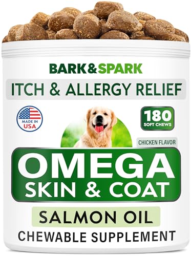 Bark&Spark Omega 3 for Dogs - 180 Fish Oil Treats for Dog Shedding, Skin Allergy, Itch Relief, Hot Spots Treatment - Joint Health - Skin and Coat Supplement - EPA & DHA Fatty Acids - Salmon Oil