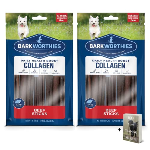 Barkworthies Premium Collagen Sticks for Dogs - 2 Pack 6 inch Daily Health Collagen Beef Sticks - 8 Count Grain Free, Rawhide Free, Natural Dog Treats for Aggressive Chewers Dog Pack with E-Book