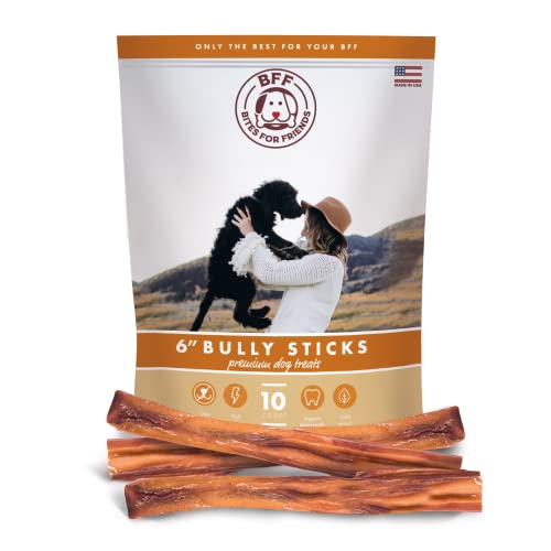 BFF Bully Sticks 6 inch (10 Count) - Long Lasting Dog Treats - Natural No-Hide Grain-Free Gluten-Free Dog Chews - Odor Free Bully Sticks - Thick Bully Sticks for Small and Medium Dogs
