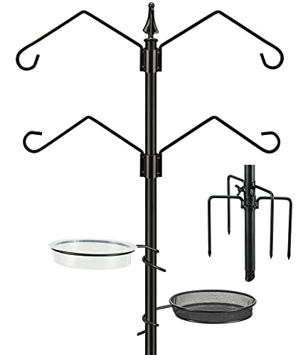 Bird Feeding Station, 86Inch Bird Feeder Pole for Outdoors Heavy Duty, Anti-Rust 4-Hook Bird Feeder Stand (Black)