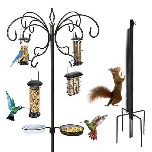 Bird Feeding Station with 12 Hooks,Garden Wild Bird House Pole for Outside, Heavy Duty Multi Bird Feeders Hanger Kit for Outdoor, 5-Prong Base Stand with Squirrel Proof Spring, Bird Bath, Mesh Tray