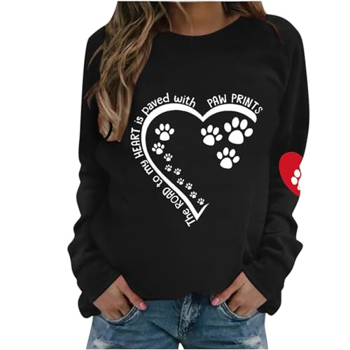 Black of Friday Deals 2023 Dog Mom Sweatshirt Women Cute Love Heart Dog Paw Print Sweatshirts Long Sleeve Crew Neck Pullover Tops Casual Blouse