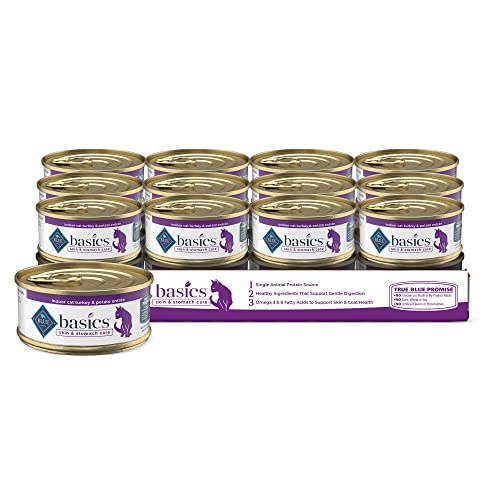 Blue Buffalo Basics Skin & Stomach Care, Grain Free Natural Adult Pate Wet Cat Food, Indoor Turkey 5.5-oz cans (Pack of 24)