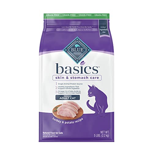 Blue Buffalo Basics Skin & Stomach Care Grain Free, Natural Indoor Adult Dry Cat Food, Turkey & Potato 5-lb