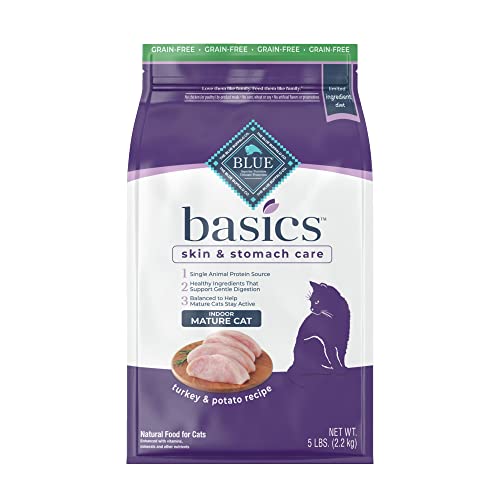 Blue Buffalo Basics Skin & Stomach Care Grain Free, Natural Indoor Mature Dry Cat Food, Turkey & Potato 5-lb