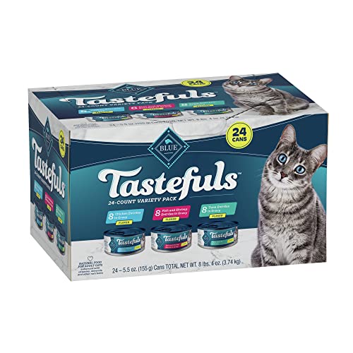 Blue Buffalo Tastefuls Natural Flaked Wet Cat Food Variety Pack, Tuna, Chicken and Fish & Shrimp Entrées in Gravy 5.5-oz Cans (24 Count - 8 of Each)