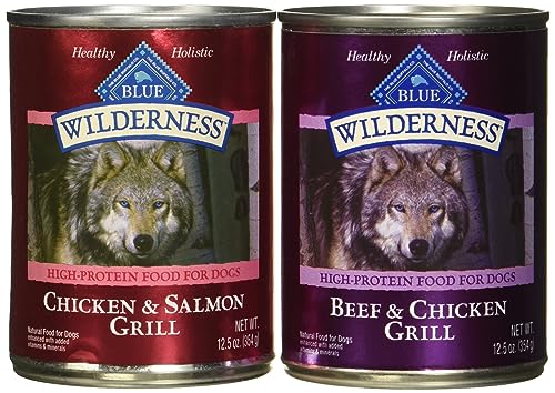 Blue Buffalo Wilderness High Protein Beef and Chicken & Salmon and Chicken Wet Dog Food Variety Pack for Adult Dogs, Grain-Free, 12.5 oz. Cans (6 Pack)