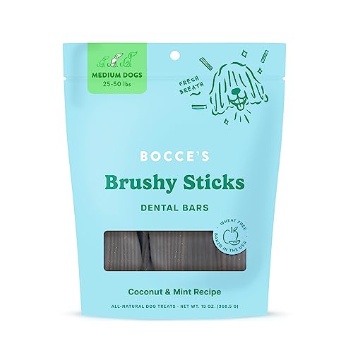 Bocce's Bakery Dailies Brushy Sticks to Support Oral Health & Fresh Breath, Wheat-Free Dental Bars for Dogs, Made with Real Ingredients, Baked in The USA, All-Natural Coconut & Mint, Medium Dogs