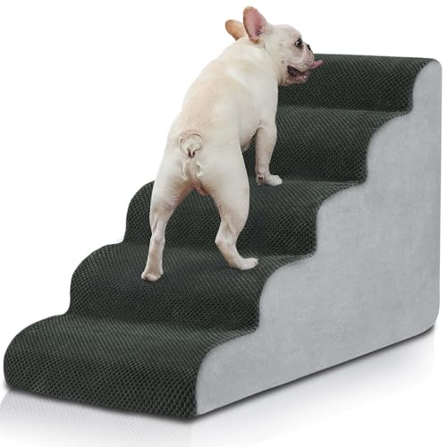 BOMOVA Dog Stairs for Small Dogs, 5-Step Dog Steps for Bed and Couch, High Density Foam Pet Stairs for Small Dogs and Cats, Non-Slip Bottom Dog Ramp, Grey, 2/3/4/5 Steps